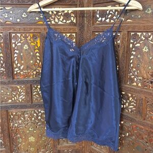 Elegant Navy Blue Lace Trim Satin Camisole